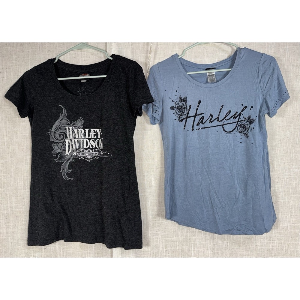 Harley Davidson Lot of 2 Women's‎ T-Shirts S M Blue  Bling Shirts Small Medium